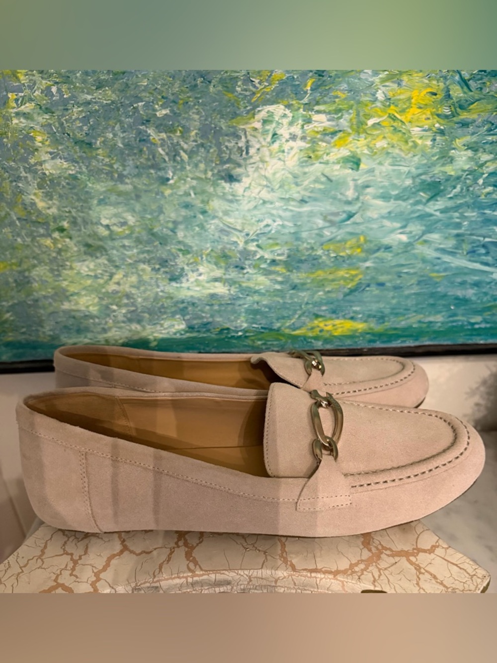Calvin Klein Lenika Loafers in Light Beige Suede with Chain Accent - Picture 2 of 7